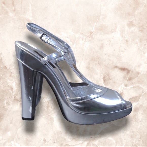 Vintage Y2K Burberry Metallic Silver Slingback Peep Toe Platform High Heel Shoe - Picture 8 of 12